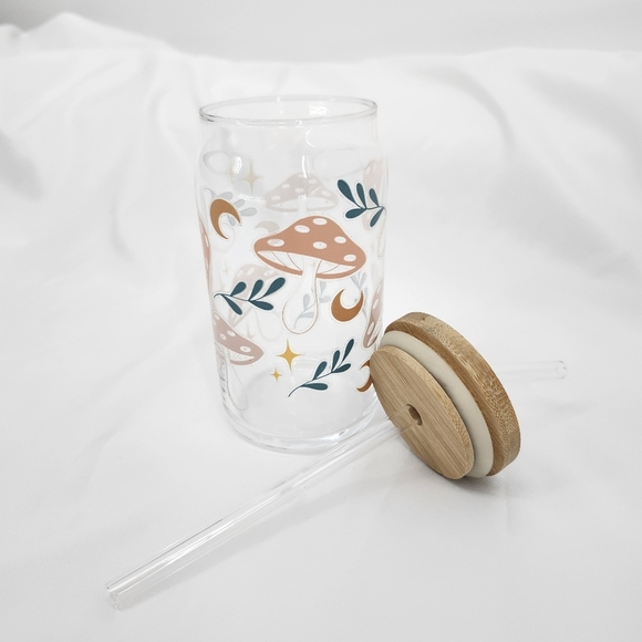 Earthy Mushroom Etched Glass With Wood Lid Glass Straw Funky Goblincore - Picture 5 of 6
